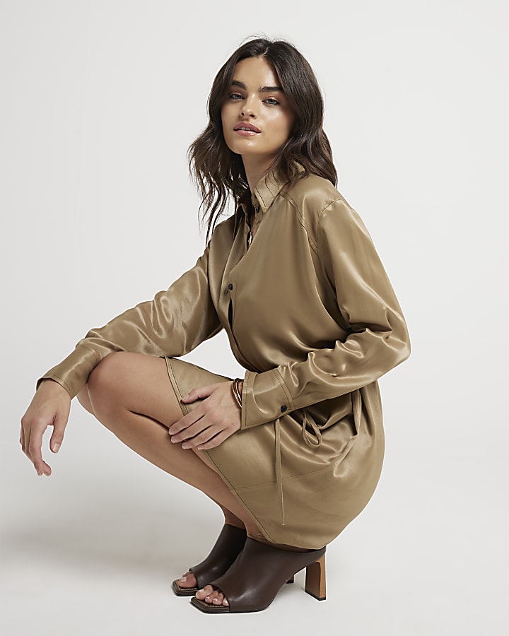 Beige Premium Satin Belted Mini Shirt Dress
