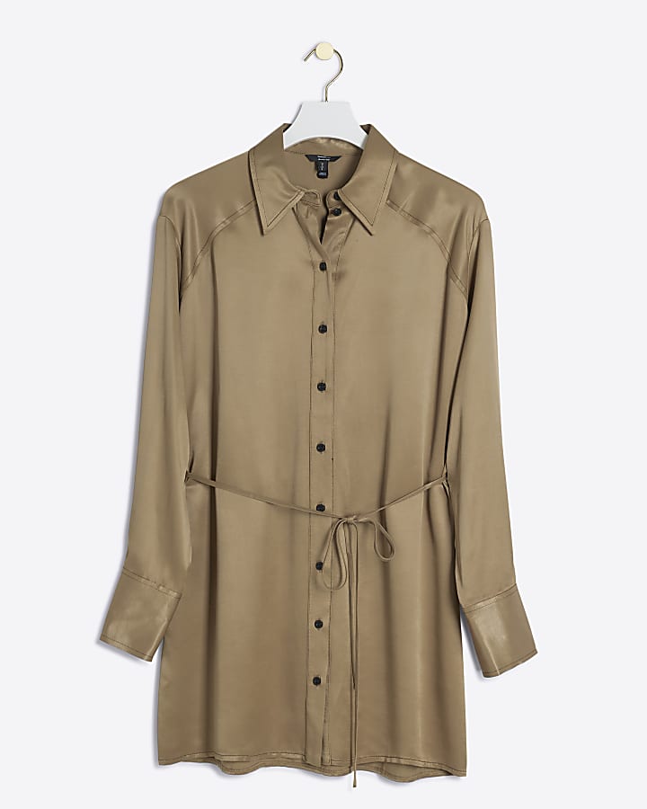 Beige Premium Satin Belted Mini Shirt Dress