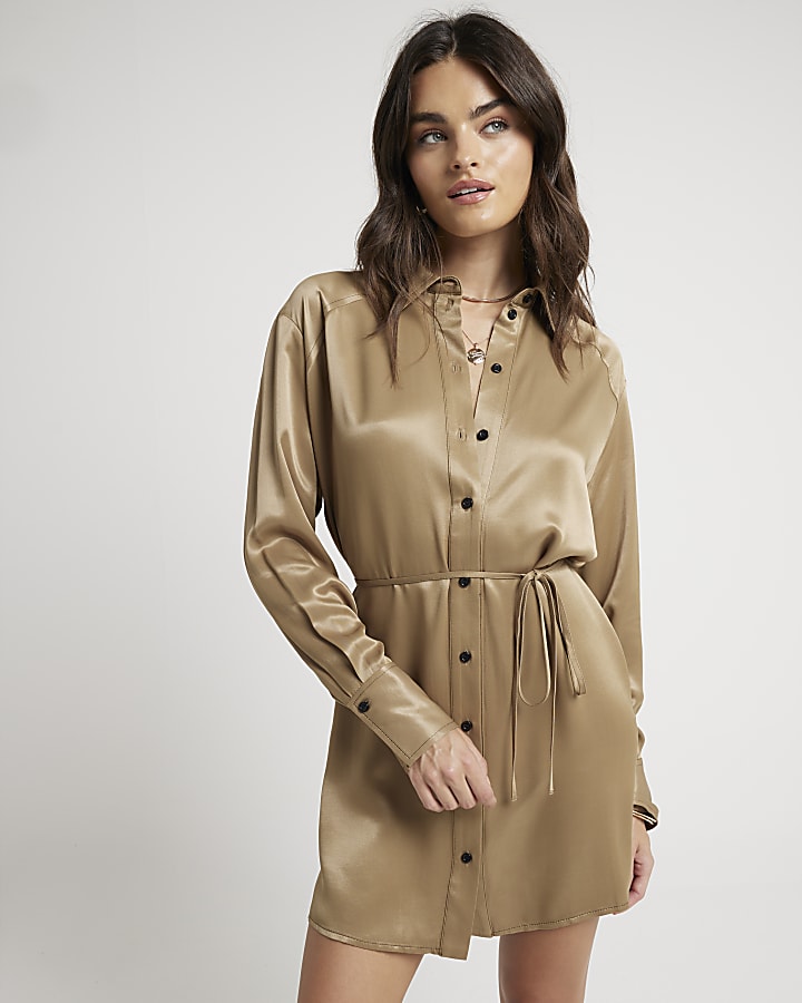 Beige Premium Satin Belted Mini Shirt Dress