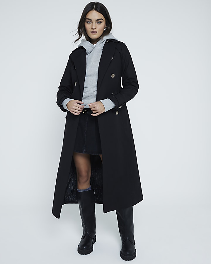 Black Fitted Cotton Trench Coat River Island