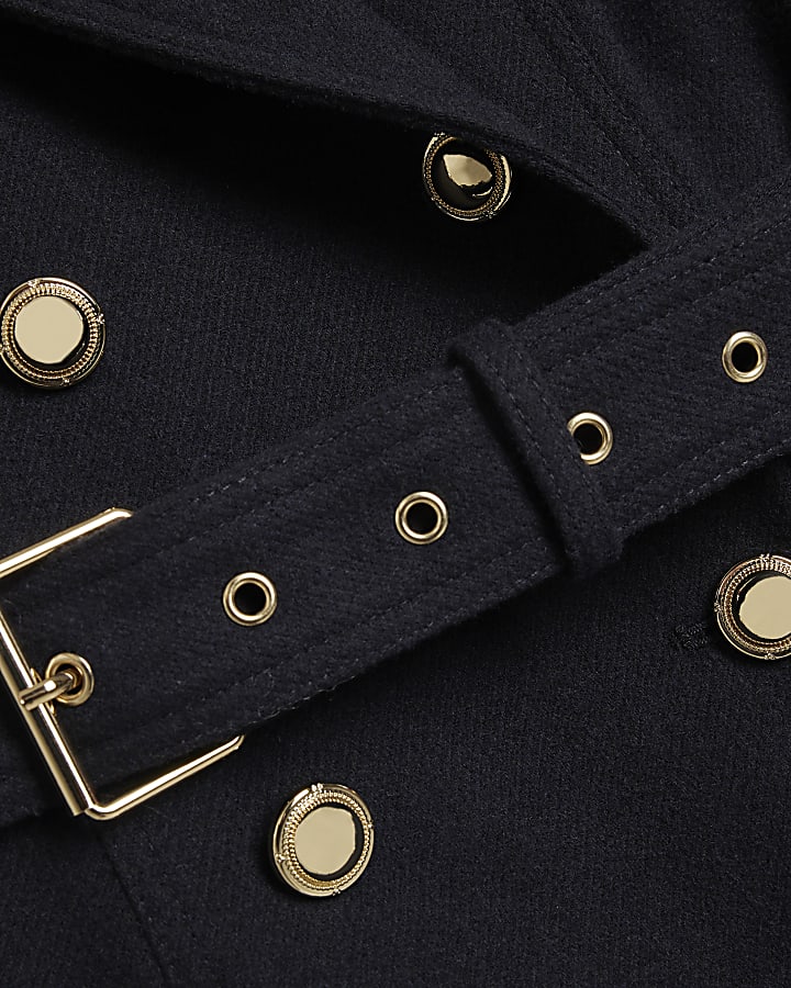 Navy Double Breasted Wool Blend Trench Coat