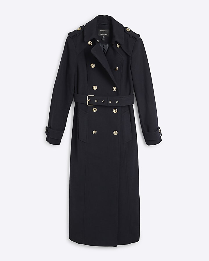 Black Double Breasted Wool Blend Trench Coat