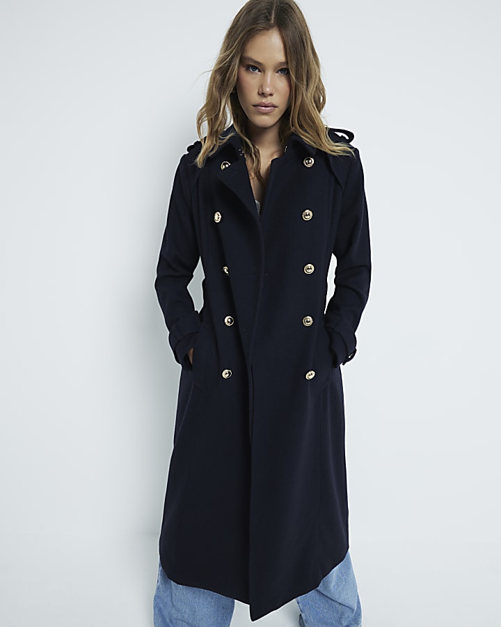 Black Double Breasted Wool Blend Trench Coat