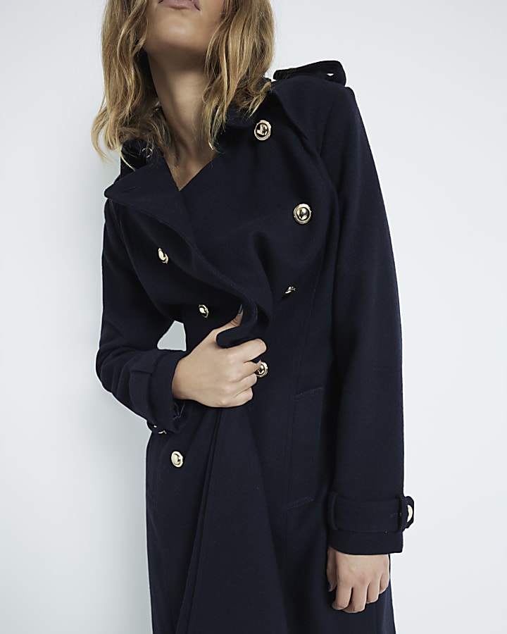 Navy Double Breasted Wool Blend Trench Coat River Island