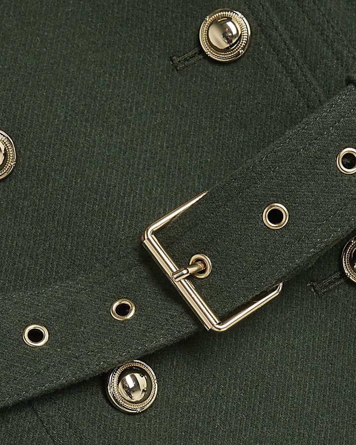 Green Wool Blend Button Detail Trench Coat