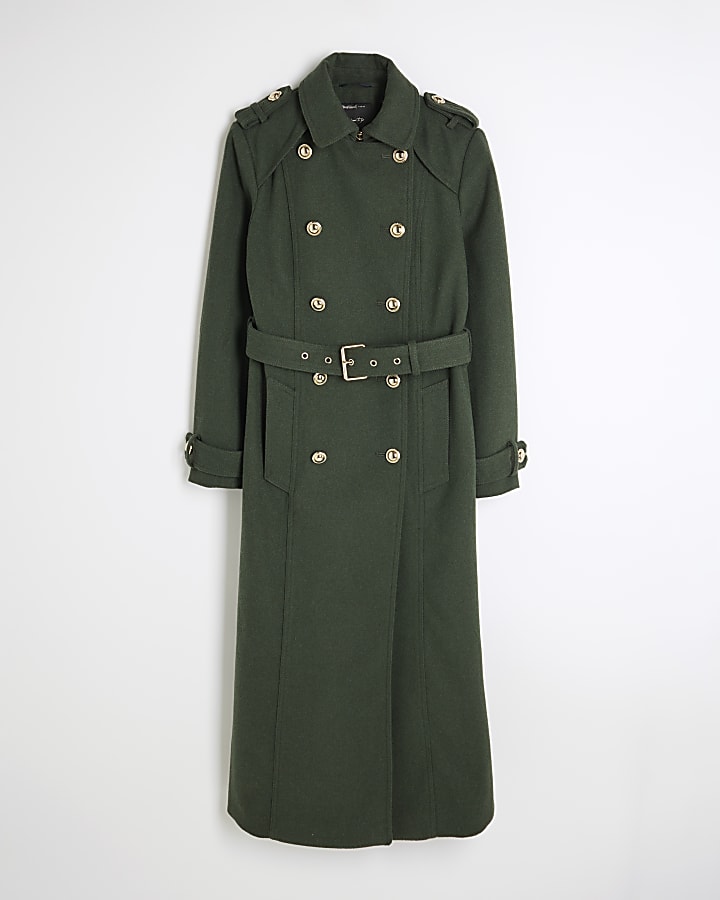 Green Wool Blend Button Detail Trench Coat