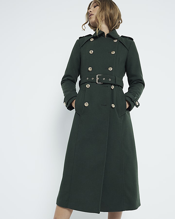Green Wool Blend Button Detail Trench Coat
