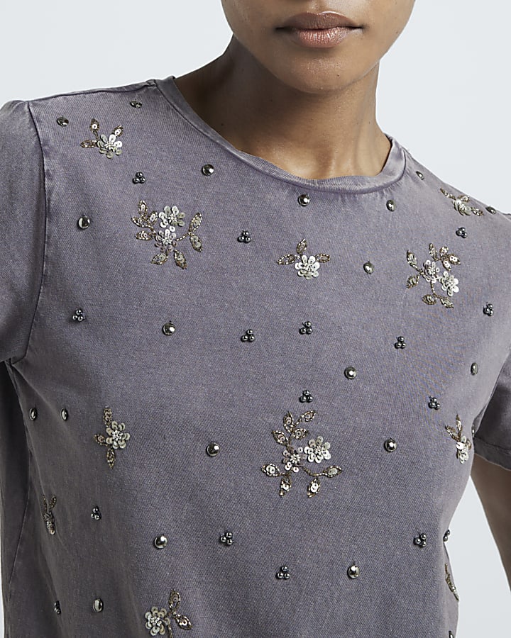 Grey embellished sequin t-shirt
