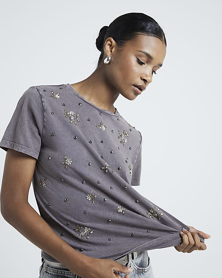 Grey embellished sequin t-shirt