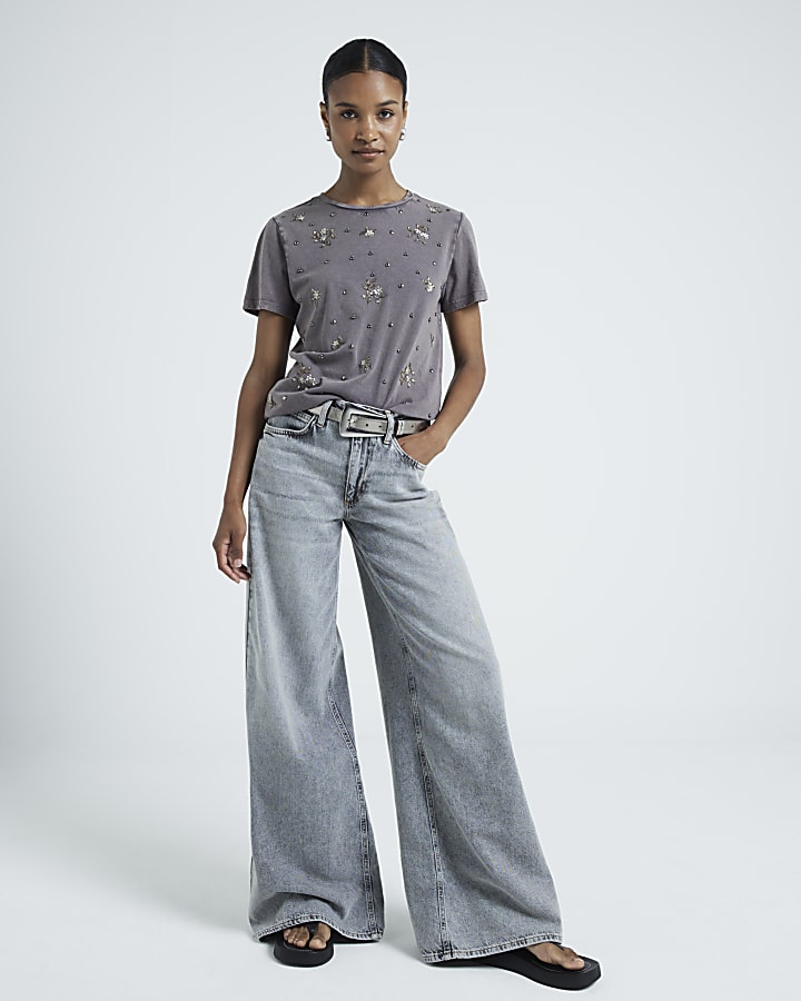 Grey embellished sequin t-shirt