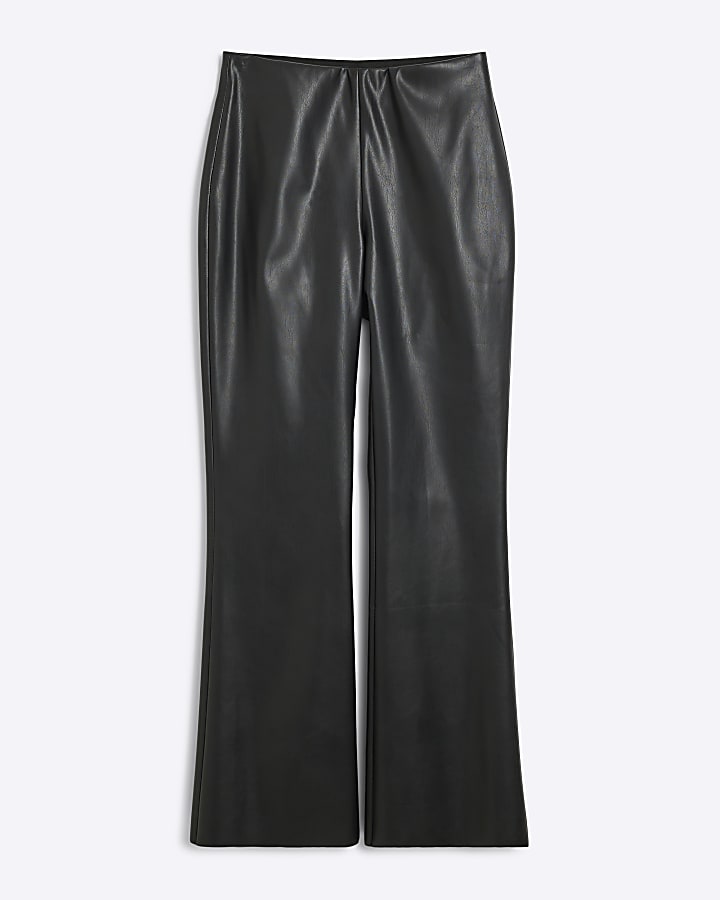 Petite Black faux leather flared trousers