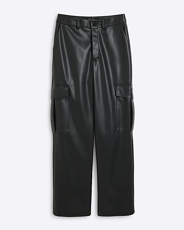 Black Faux Leather Cargo Straight Trousers