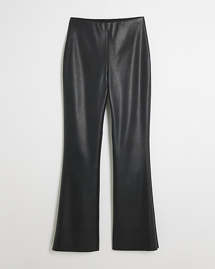 Black faux leather flared trousers