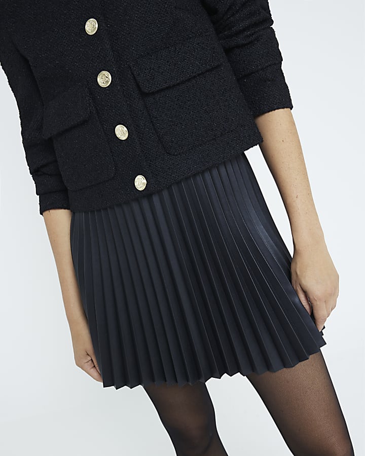 Black Faux Leather Pleated Mini Skirt River Island