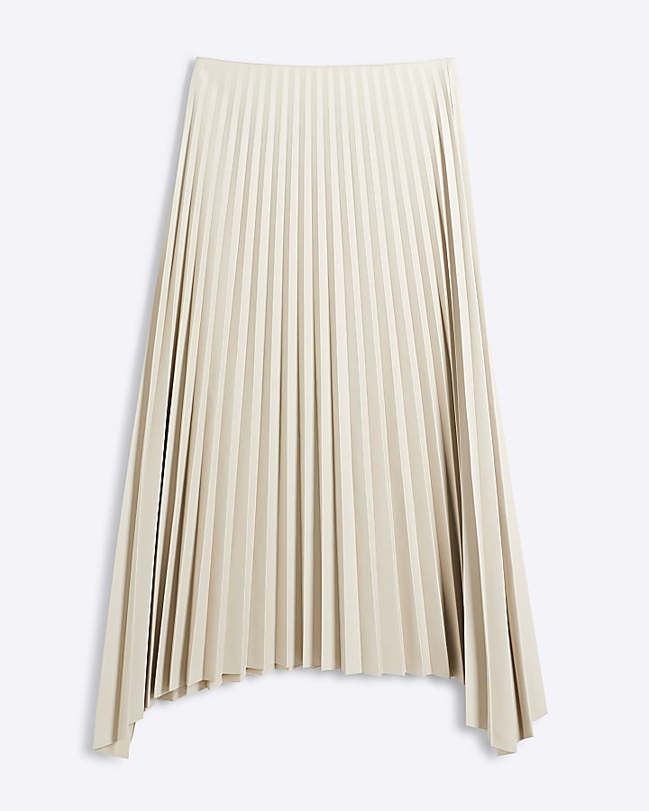 Cream Faux Leather Pleated Midi Skirt