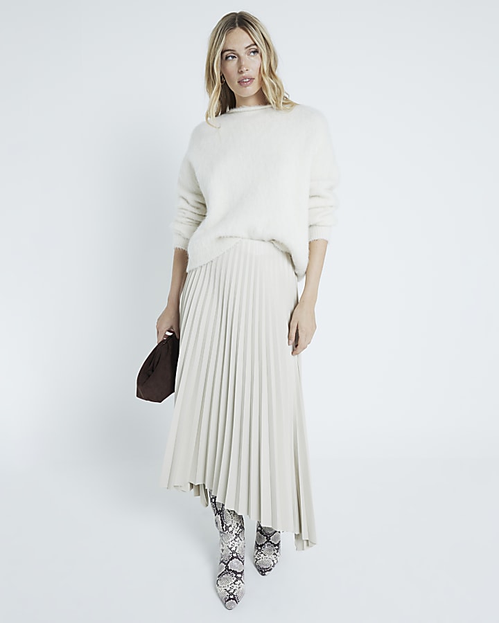 Cream Faux Leather Pleated Midi Skirt River Island