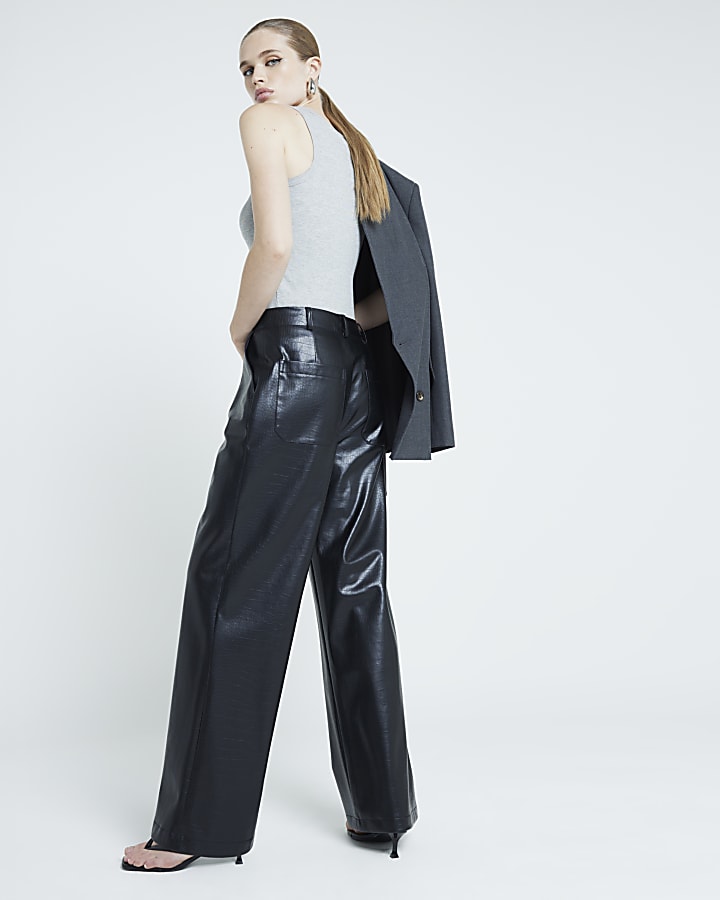 Black faux leather croc wide leg trousers