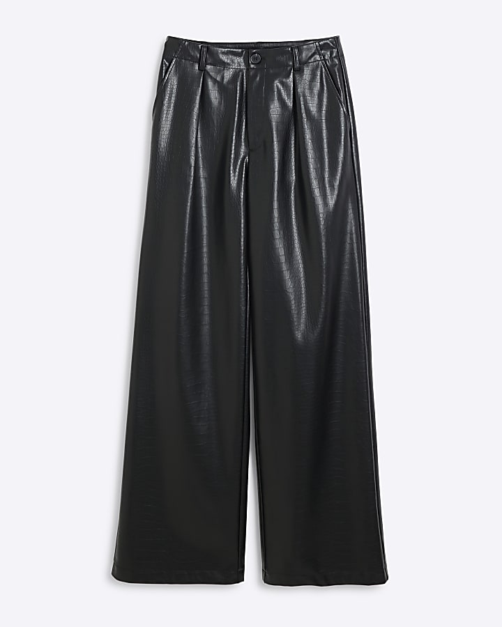 Black faux leather croc wide leg trousers