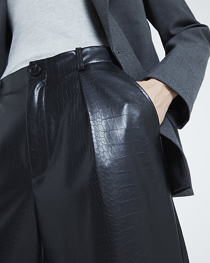 Black faux leather croc wide leg trousers