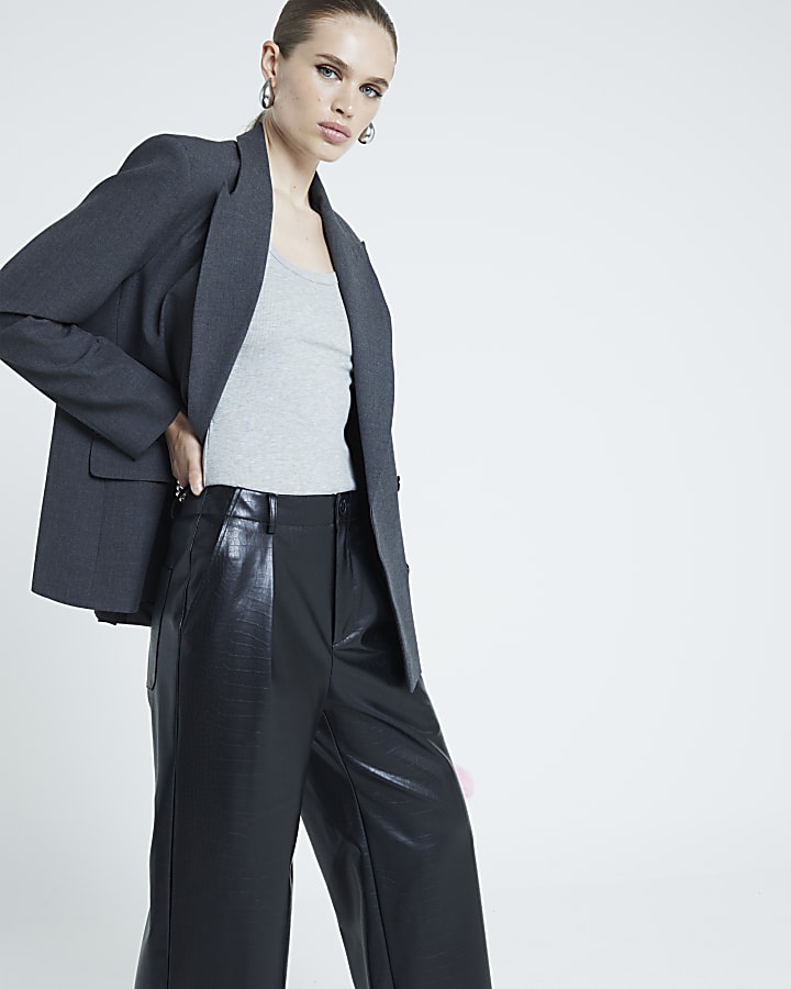 Black faux leather croc wide leg trousers