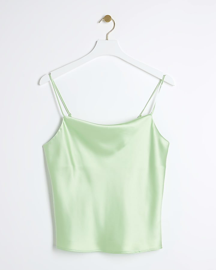 Green Satin Cowl Neck Cami Top