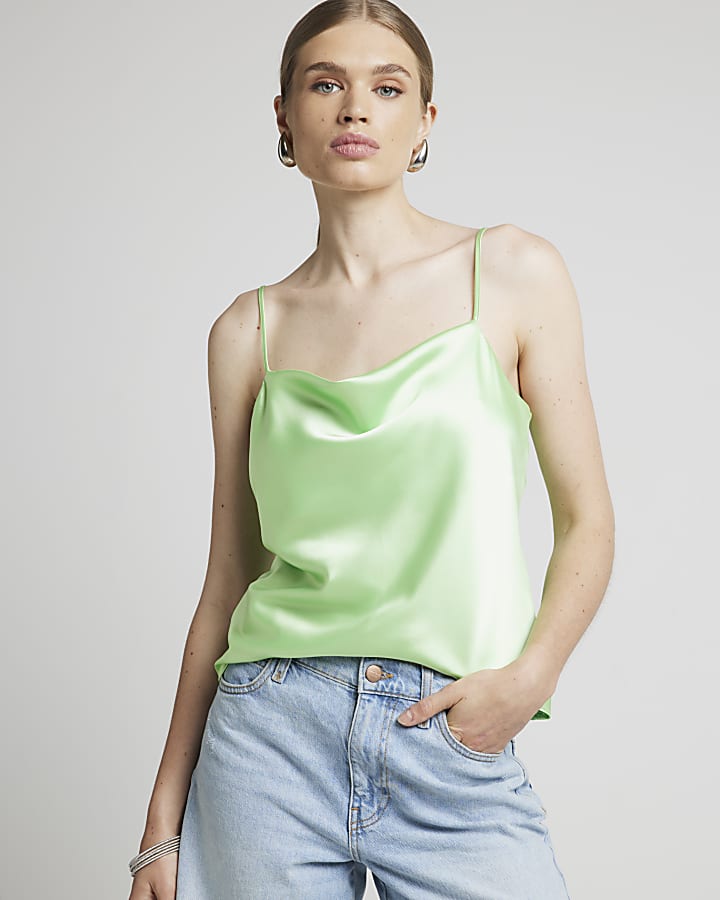 Green Satin Cowl Neck Cami Top