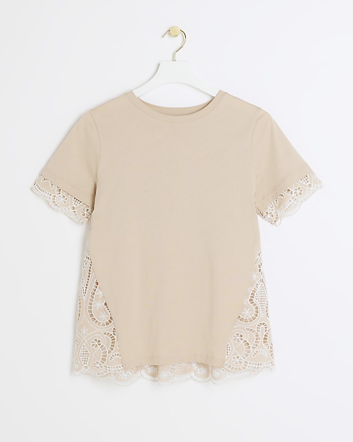 Beige broderie detail t-shirt