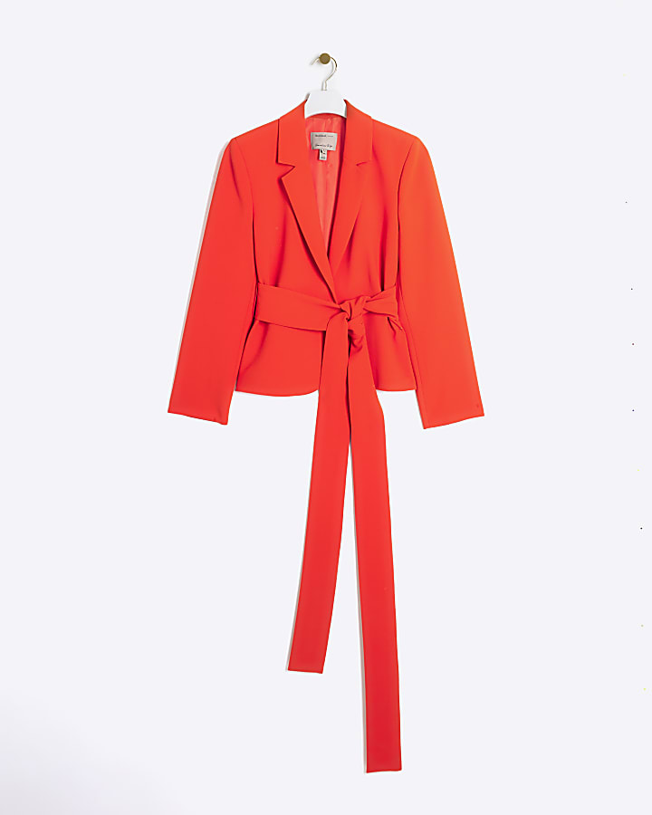 Red belted wrap blazer