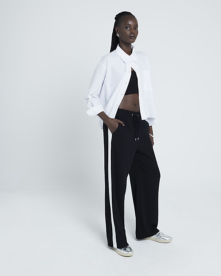 Black side stripe wide leg joggers