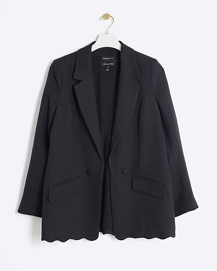 Black Linen Blend Scallop Hem Blazer