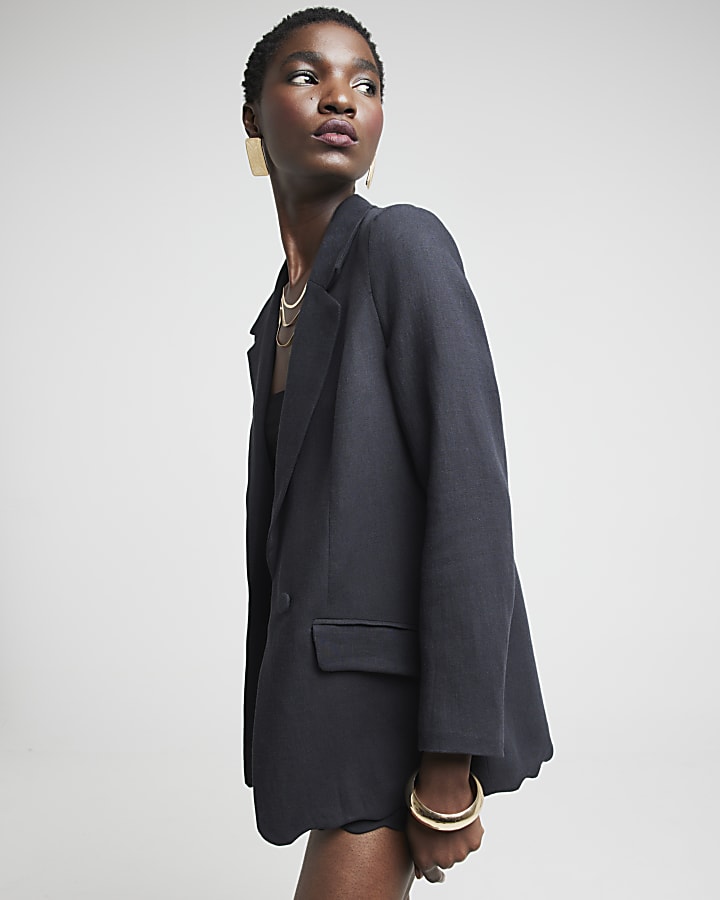 Black Linen Blend Scallop Hem Blazer