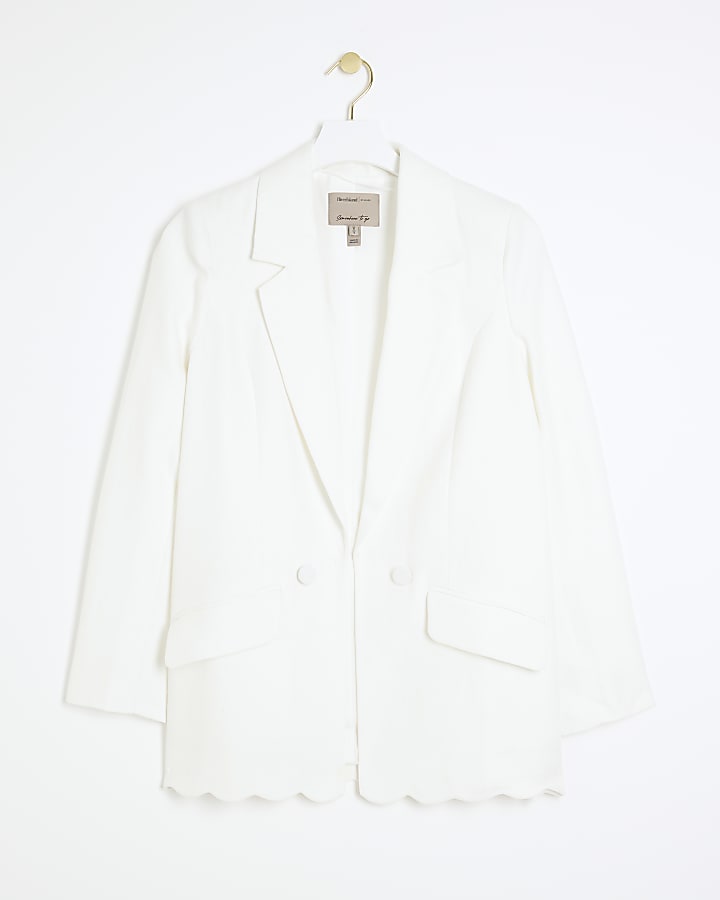 White Linen Blend Scallop Hem Blazer