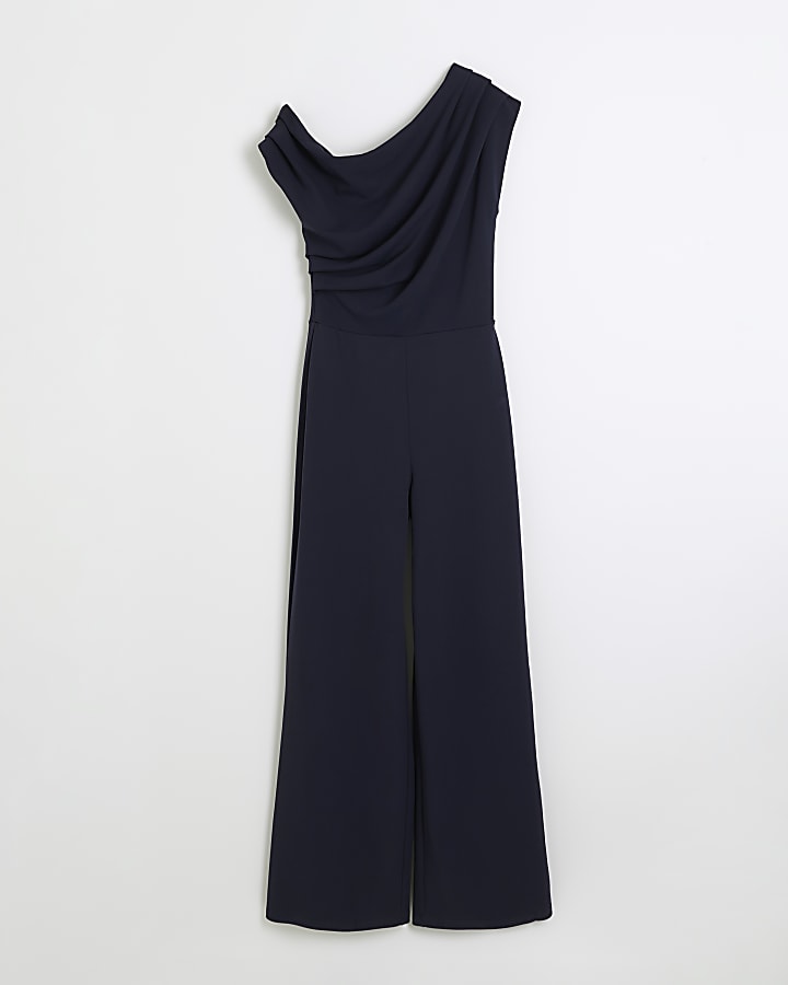 Navy drape off shoulder jumpsuit