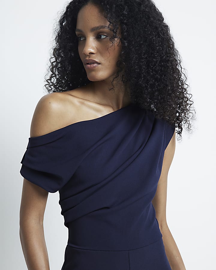 Navy drape off shoulder jumpsuit