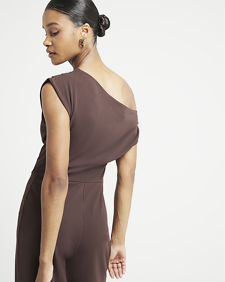 Brown Off Shoulder Drape Jumpsuit