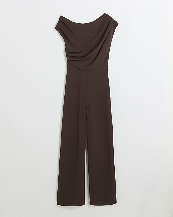 Brown Off Shoulder Drape Jumpsuit