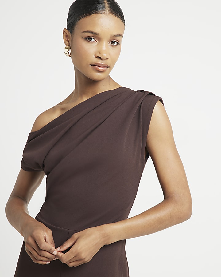 Brown Off Shoulder Drape Jumpsuit