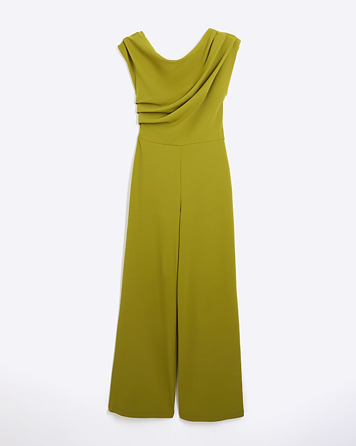 Green drape off shoulder jumpsuit