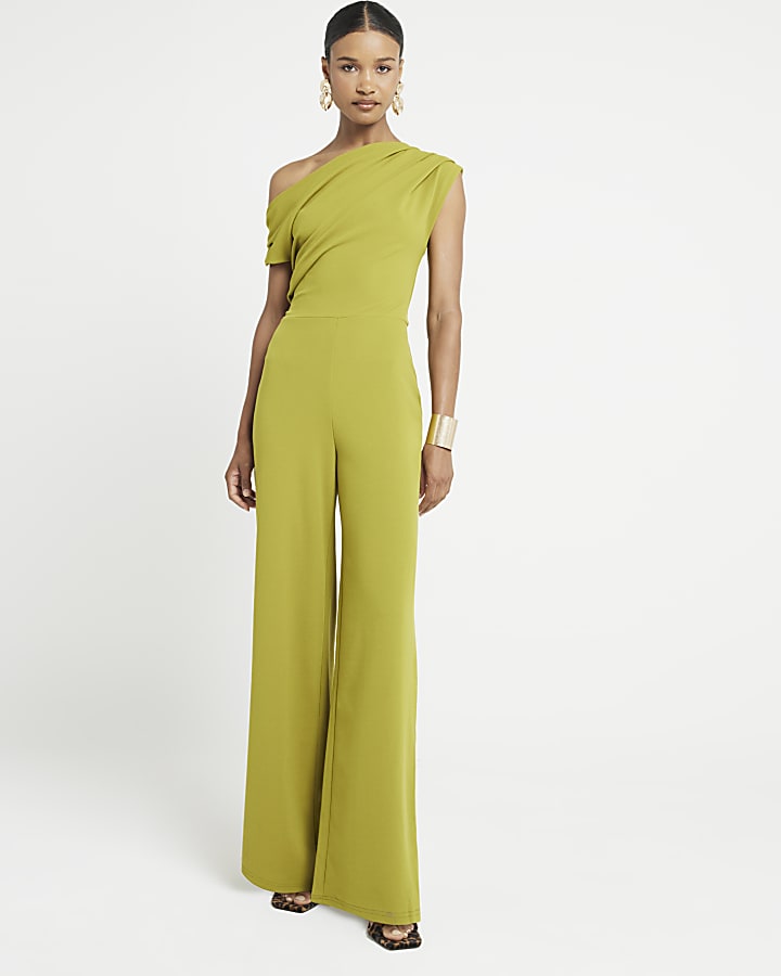 Green drape off shoulder jumpsuit