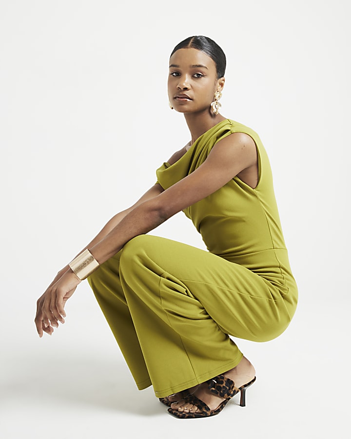 Green drape off shoulder jumpsuit