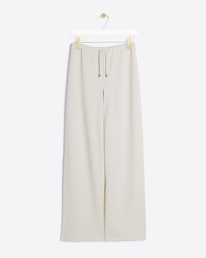 Cream Textured Wide Leg Trousers