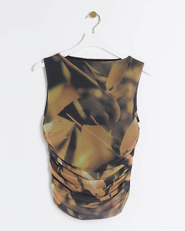 Khaki mesh floral ruched side vest top