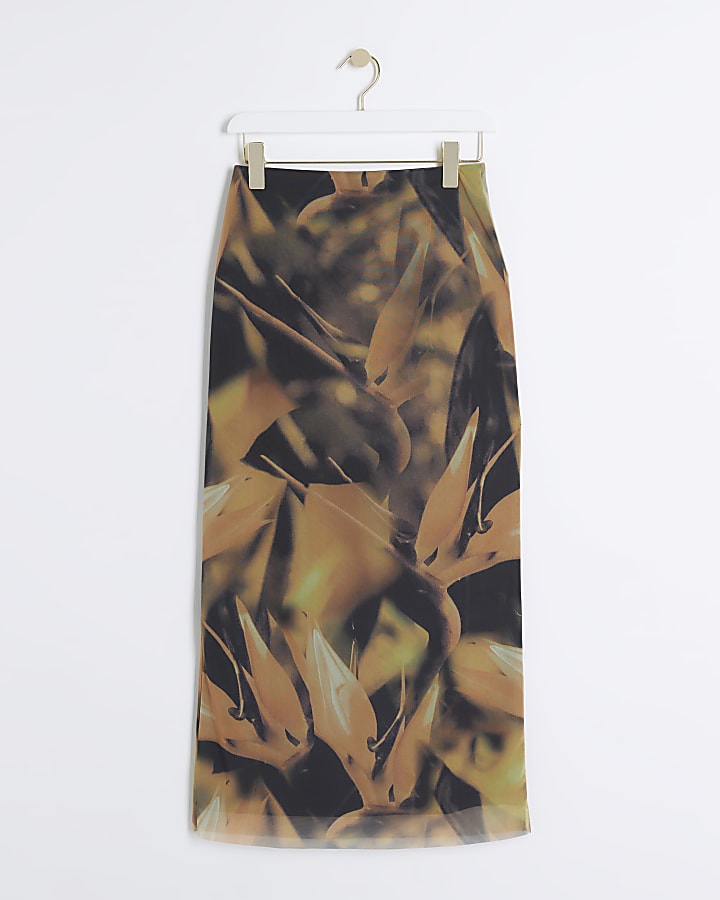 Khaki Mesh Floral Midi Skirt