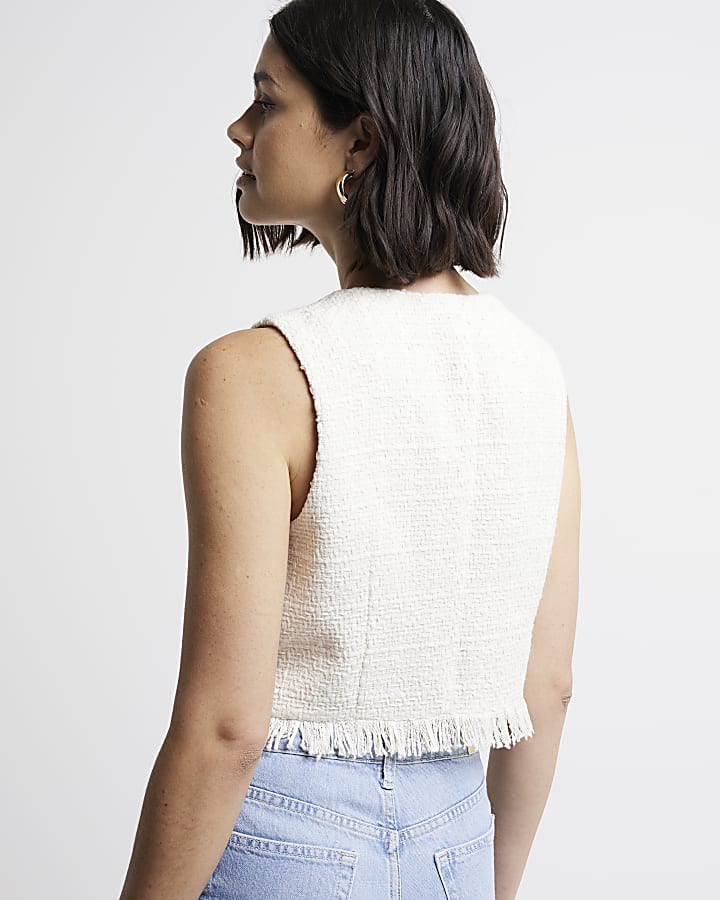 Cream boucle fringe detail waistcoat
