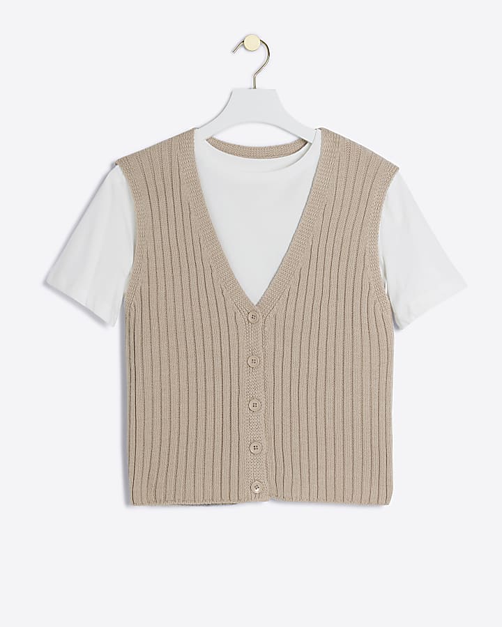 Beige knit waistcoat 2 in 1 top