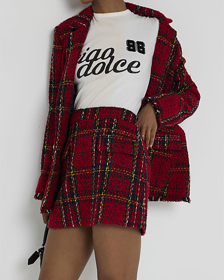 Red Tartan Boucle Mini Skirt