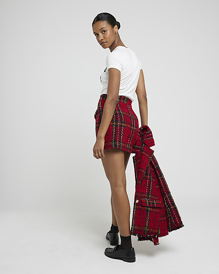 Red Tartan Boucle Mini Skirt