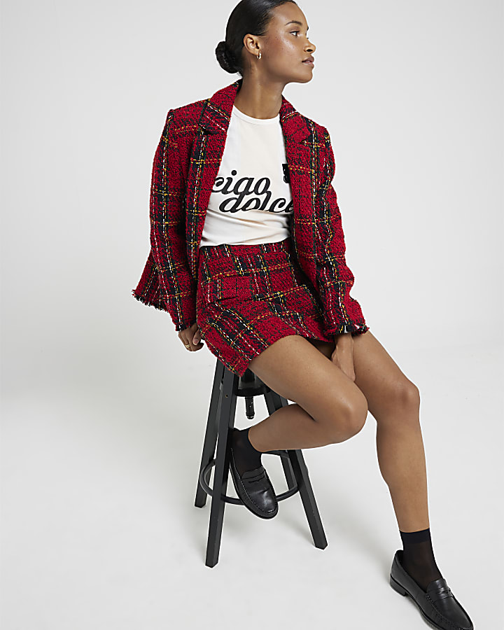 Red Tartan Boucle Mini Skirt