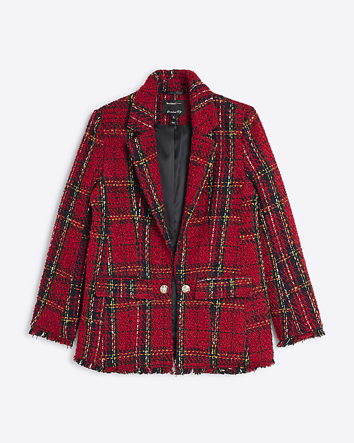 Red tartan boucle blazer