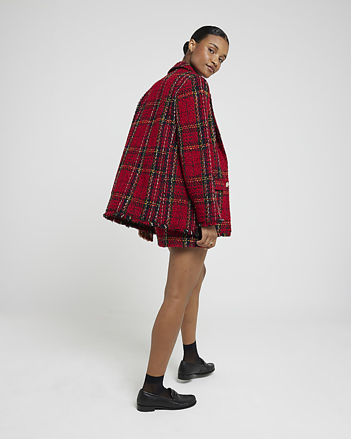 Red tartan boucle blazer